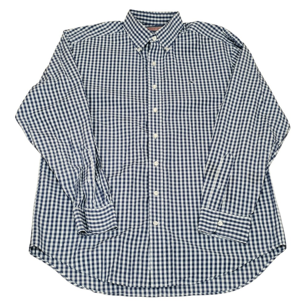 Vineyard Vines Whale Shirt Mens M Navy White Gingham Check Button Down Cotton